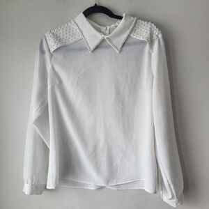 Kasirga Women's White Pearl-Embellished Collar Blouse Sz 46